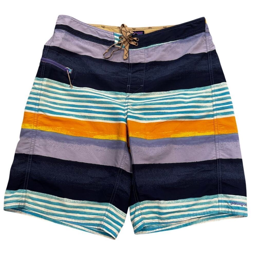 Patagonia Men’s Board Shorts Striped Surf Swim Trunks Size 34 Blue Yellow